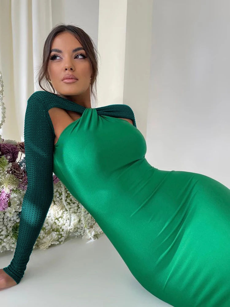 Hollow Out Sparkle Long Sleeve Maxi Dress for Glitter Vestidos Robe New Bodycon Shiny Night Club Party Long Dress