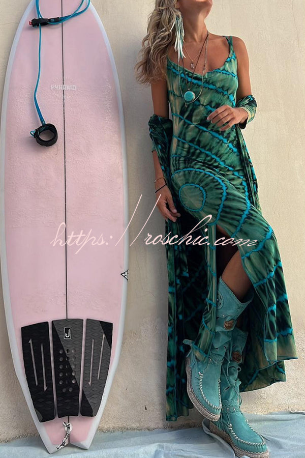 Tie-dye Print Cowl Neck Stretch Slit Midi Dress