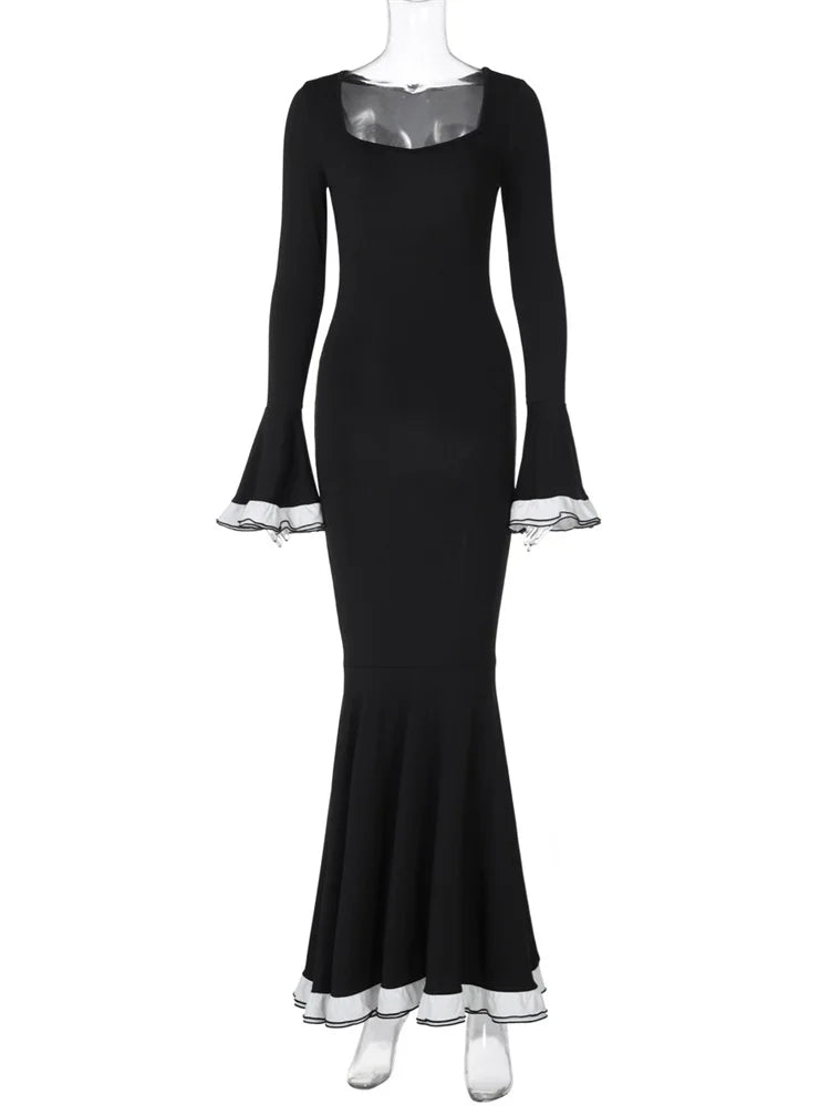 Ruffled Long Dress for High Waist Square Collar Patchwork Slim Party Dress Female Maxi Dress