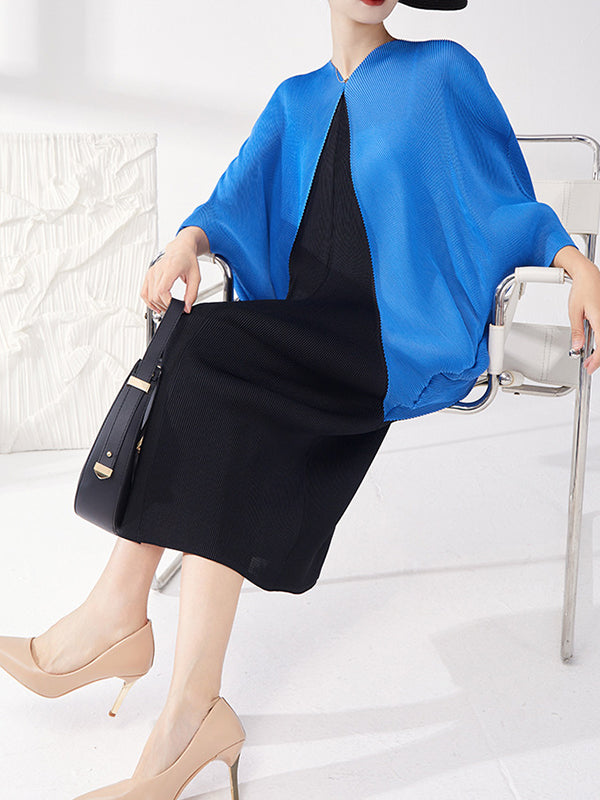 Batwing Sleeves Loose Contrast Color Pleated Round-neck Midi Dresses