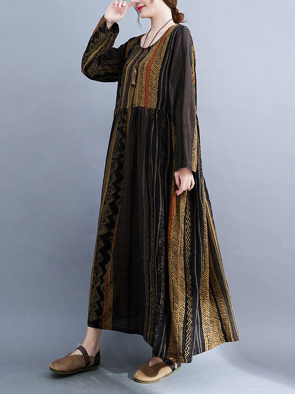 Vacation Loose Long Sleeves Contrast Color Printed Round-neck Midi Dresses