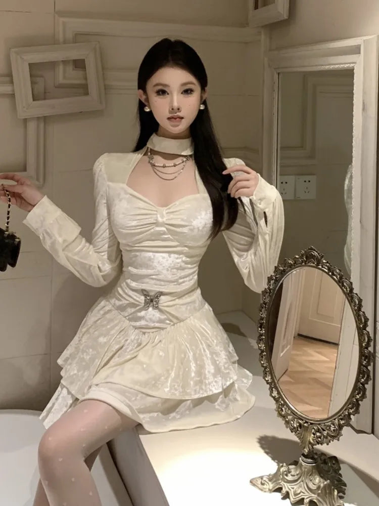 Y2k Velvet Mini Dress Square Collar Bodycon Layered Ruffles A-line Autumn Winter Princess Evening Party Prom Vestido Mujer