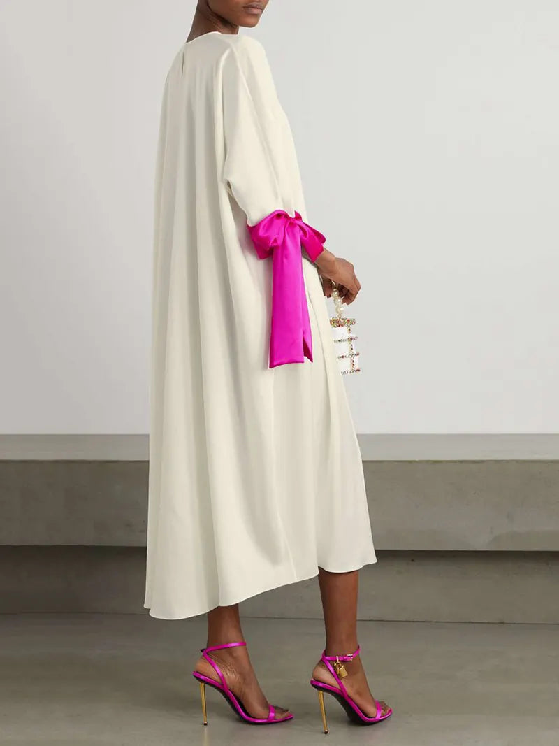 Loose Seven-quarter Sleeves Contrast Color Round-neck Midi Dresses