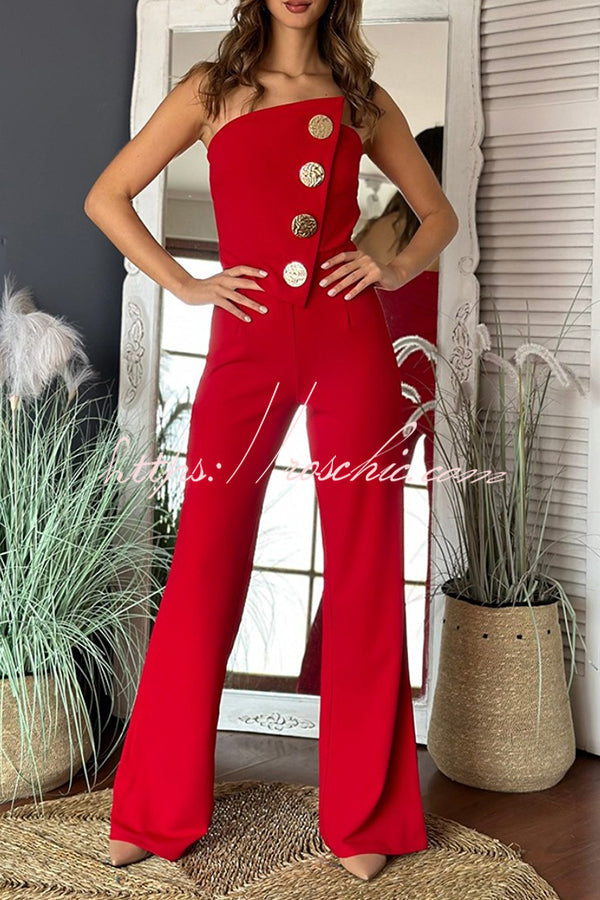 Color Tube Top Gold Button Embellished Bootcut Jumpsuit