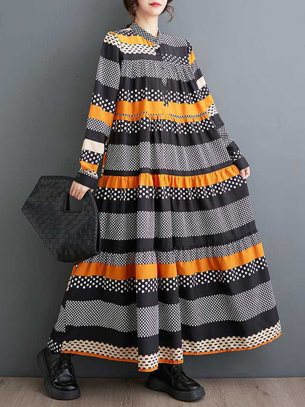 A-line Long Sleeves Buttoned Polka-dot Split-joint Round-neck Midi Dresses