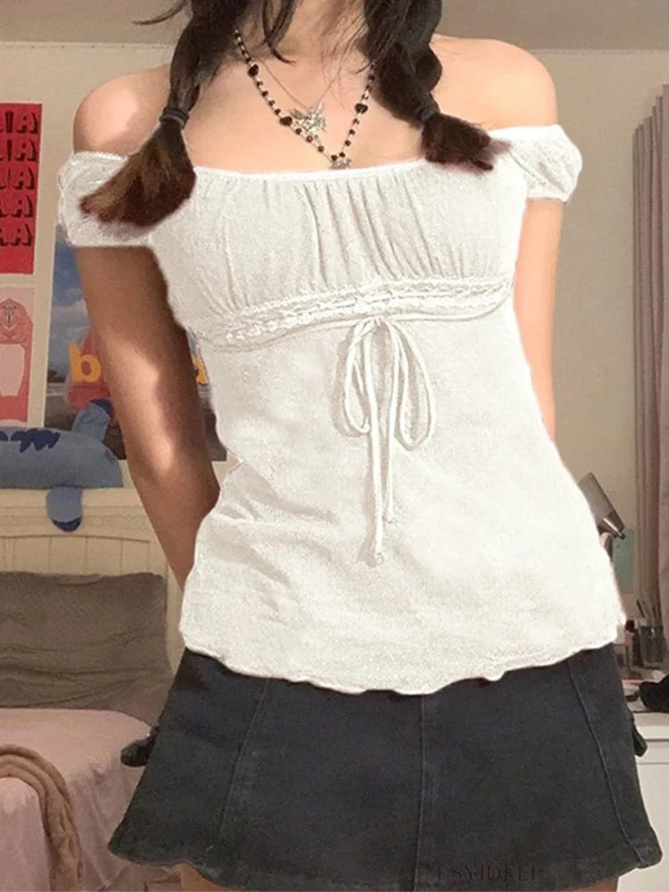 2000s Aesthetic Sweet Lace Tops Off Shoulder Drawstring T-shirt Korean Female Tee Fairy Grunge