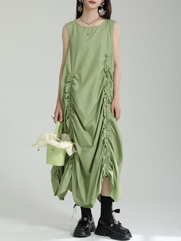 Loose Sleeveless Asymmetric Elasticity Pleated Color Round-neck Midi Dresses