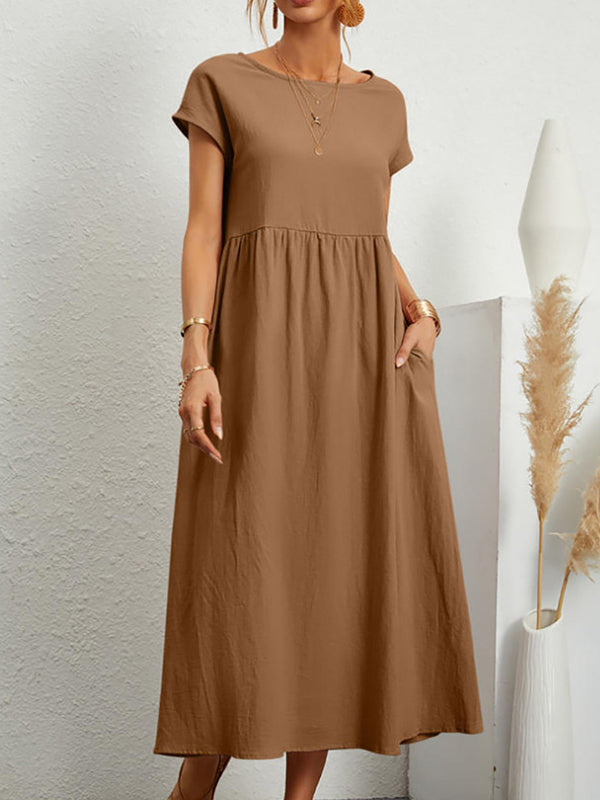 Loose Short Sleeves Pleated Color Round-neck Midi Dresses