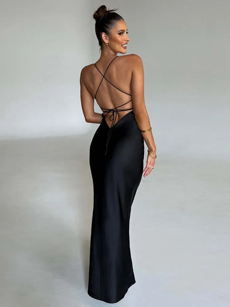 Satin Backless Maxi Dress for Autumn New Spaghetti Strap Sleeveless Bodycon Long Dress Vestido Clubwear