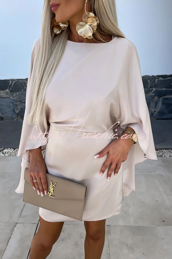 Wings Satin Butterfly Sleeves Elastic Waist Formal Mini Dress