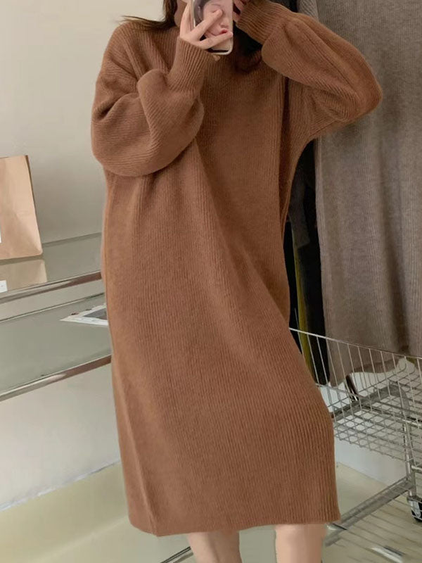 Long Sleeves Loose Color High Neck Midi Dresses Sweater Dresses