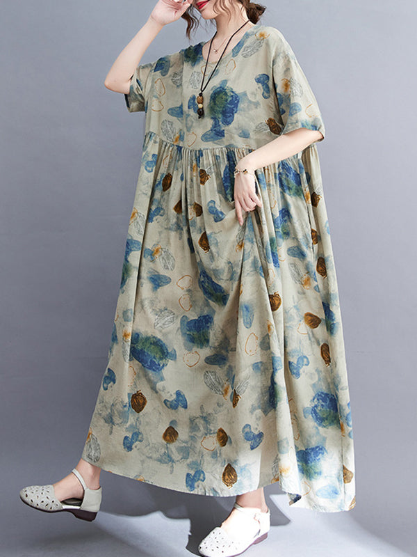 Artistic Retro Loose Printed Pleated Vacation Midi Dress