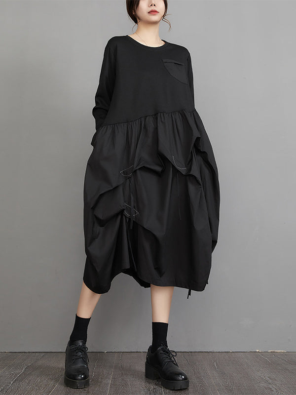 Long Sleeves Loose Split-joint Color Round-neck Midi Dresses