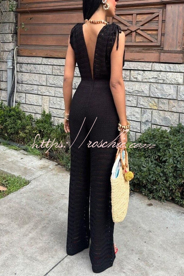 Color Knitted V-neck Holiday Hollow Jumpsuit