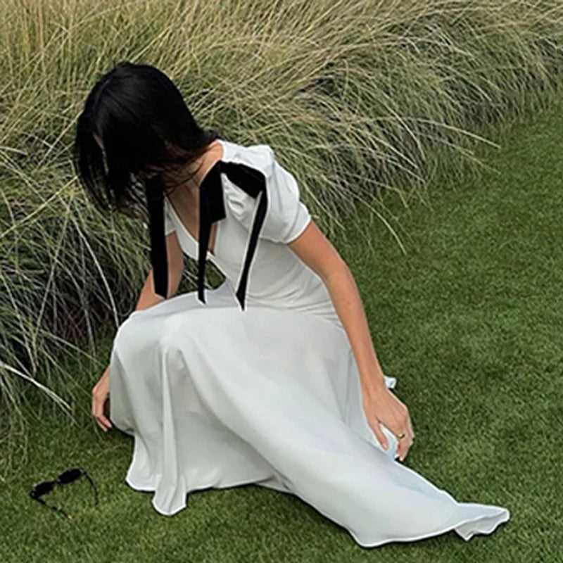 Trauxy Bow Lace Up Maxi Dress for Puff Sleeveless Plunge V Neck Beach Vacation Dress Splice Outfits Summer
