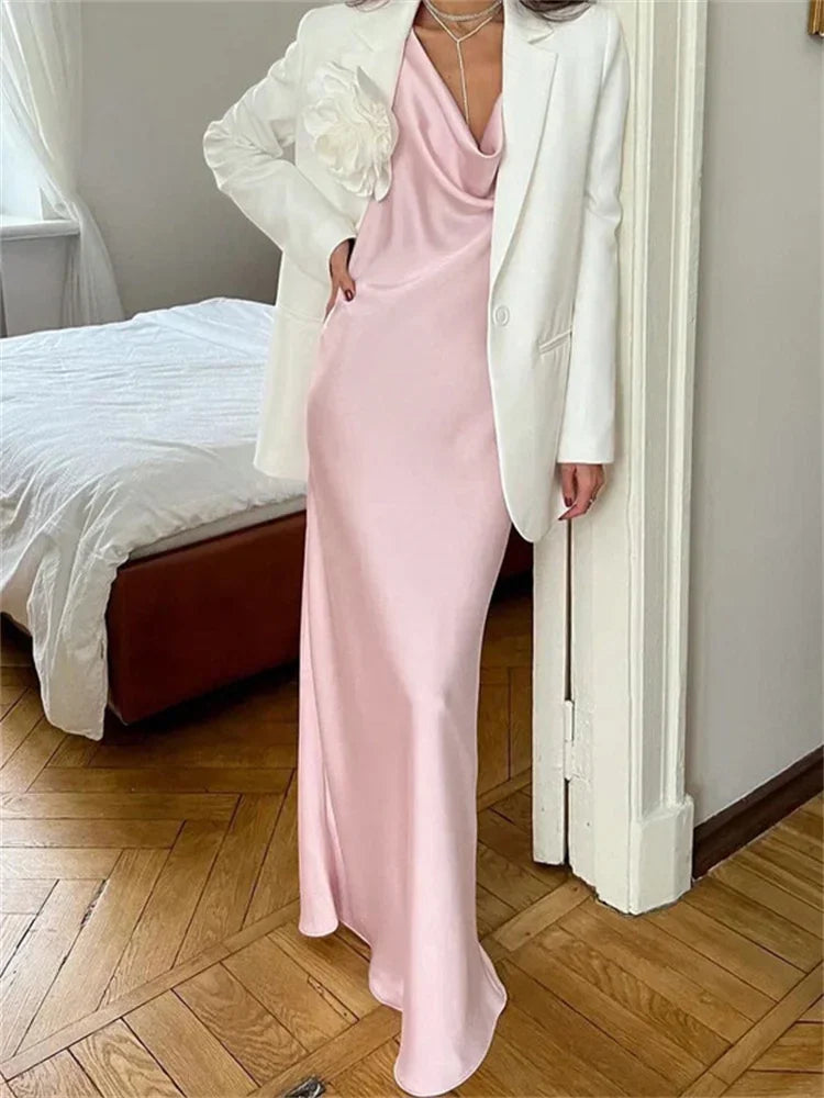 Satin Backless Long Dress ’s Lace-up Autumn High Waist Dress Female Bandage Party Dress