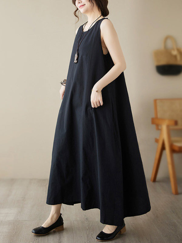 Loose Sleeveless Color Round-neck Midi Dresses