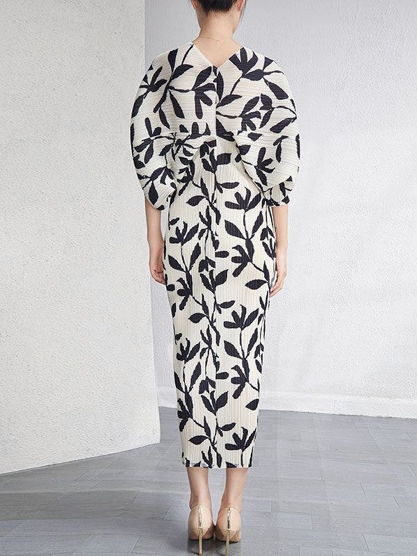 Urban Loose Batwing Sleeves Printed Pleated V-neck Midi Dresses