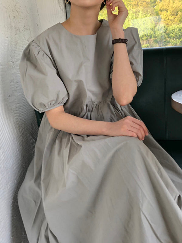 Original Loose Color Pleated Puff Sleeves Midi Dress
