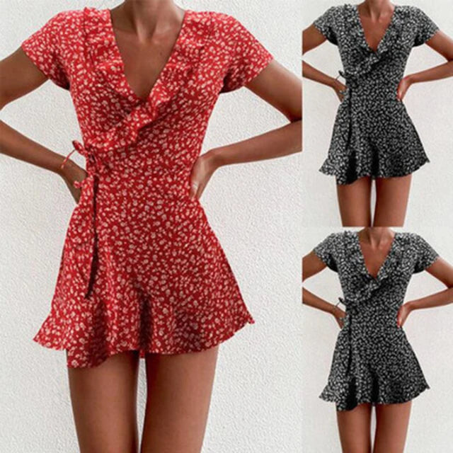 Summer ’s Floal A-line Dress Sweet Ruffles V-neck Bandage Short Dress for Lady Flowers Mini Dress