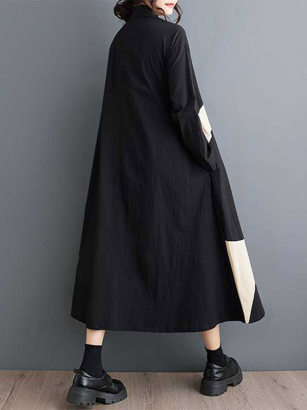 A-line Long Sleeves Buttoned Pockets Printed Lapel Midi Dresses Shirt Dress
