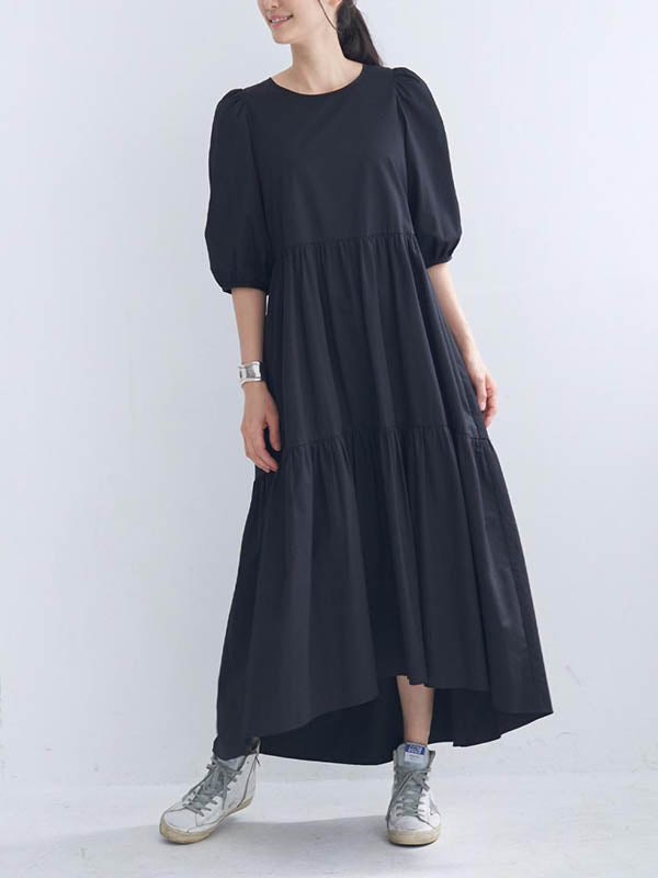 Half Sleeves Puff Sleeves Breathable See-through Color Round-neck Midi Dresses