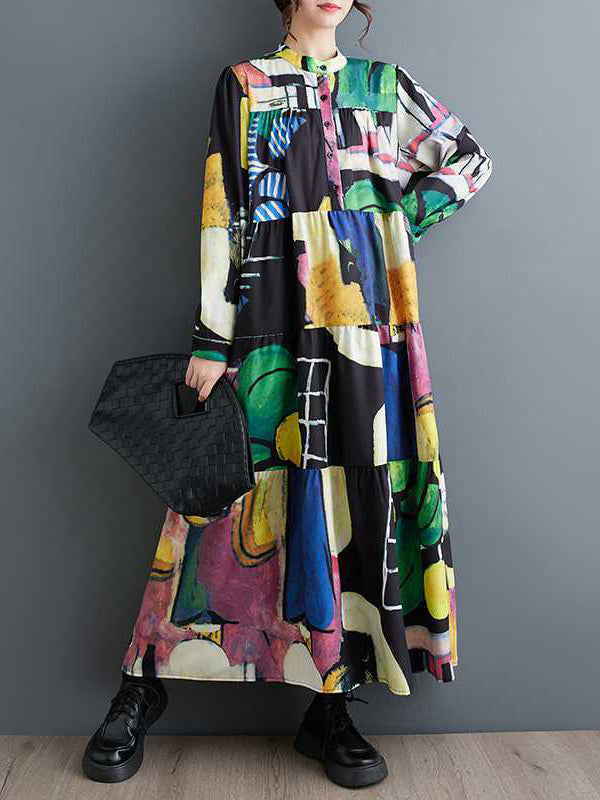 Long Sleeves Loose Buttoned Printed Split-joint Round-neck Midi Dresses