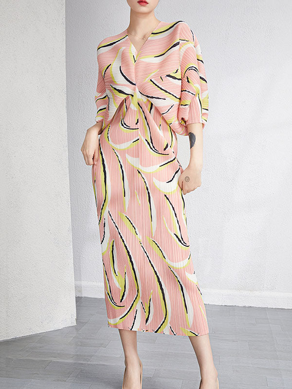 Urban Loose Batwing Sleeves Printed Pleated V-neck Midi Dresses