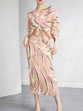 Urban Loose Batwing Sleeves Printed Pleated V-neck Midi Dresses