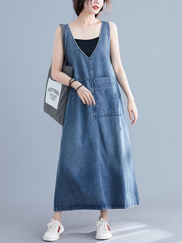 Loose Sleeveless Denim V-neck Midi Dress