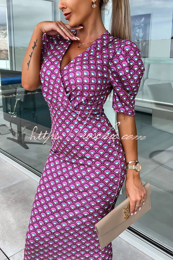 Late Night Gala Satin Printed Puff Sleeve Midi Dress
