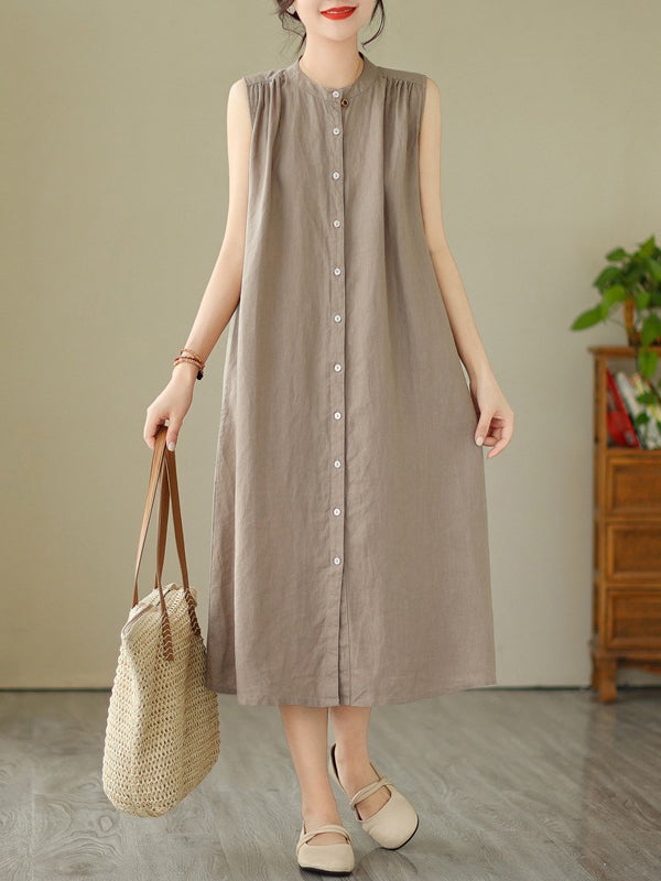 A-line Sleeveless Buttoned Pleated Color Round-neck Midi Dresses