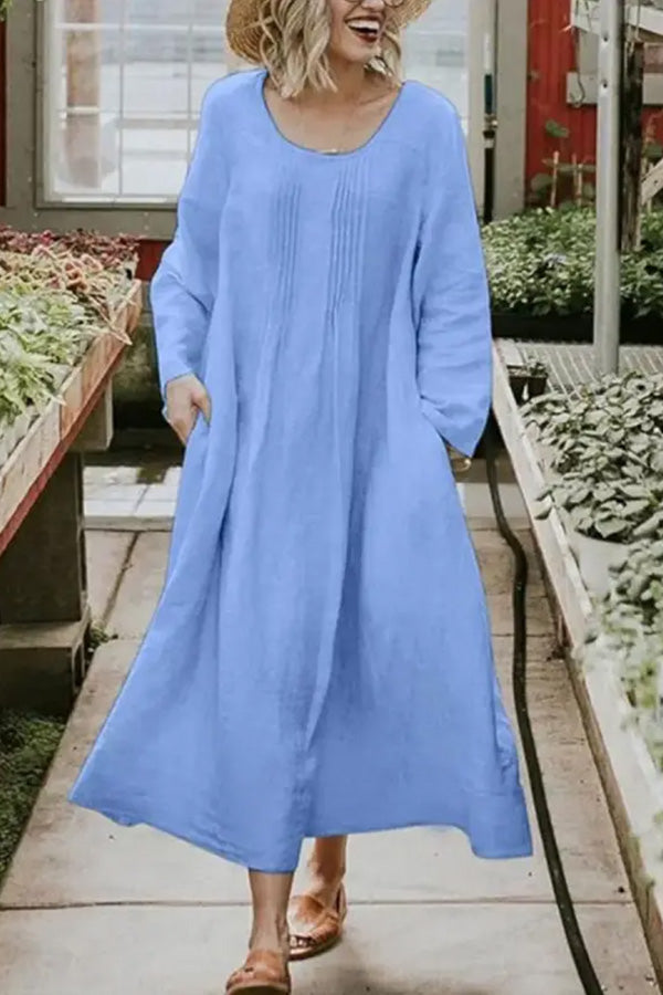 Round Neck Loose Color Long Sleeve Maxi Dress