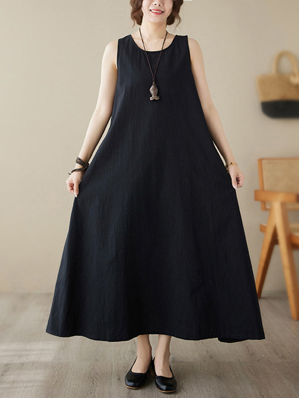 Loose Sleeveless Color Round-neck Midi Dresses