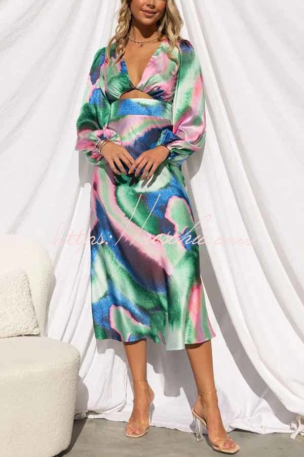 Own the Evening Satin Neon Print Cutout Midi Dress