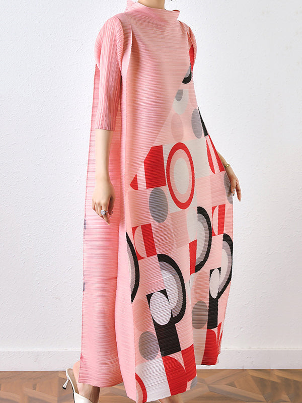 Loose Geometric Printed Pleated Midi Dress