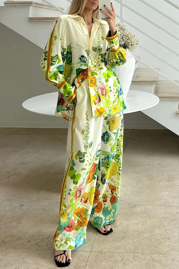 Satin Print Back Elastic Waist Pocketed Wide Leg Pants