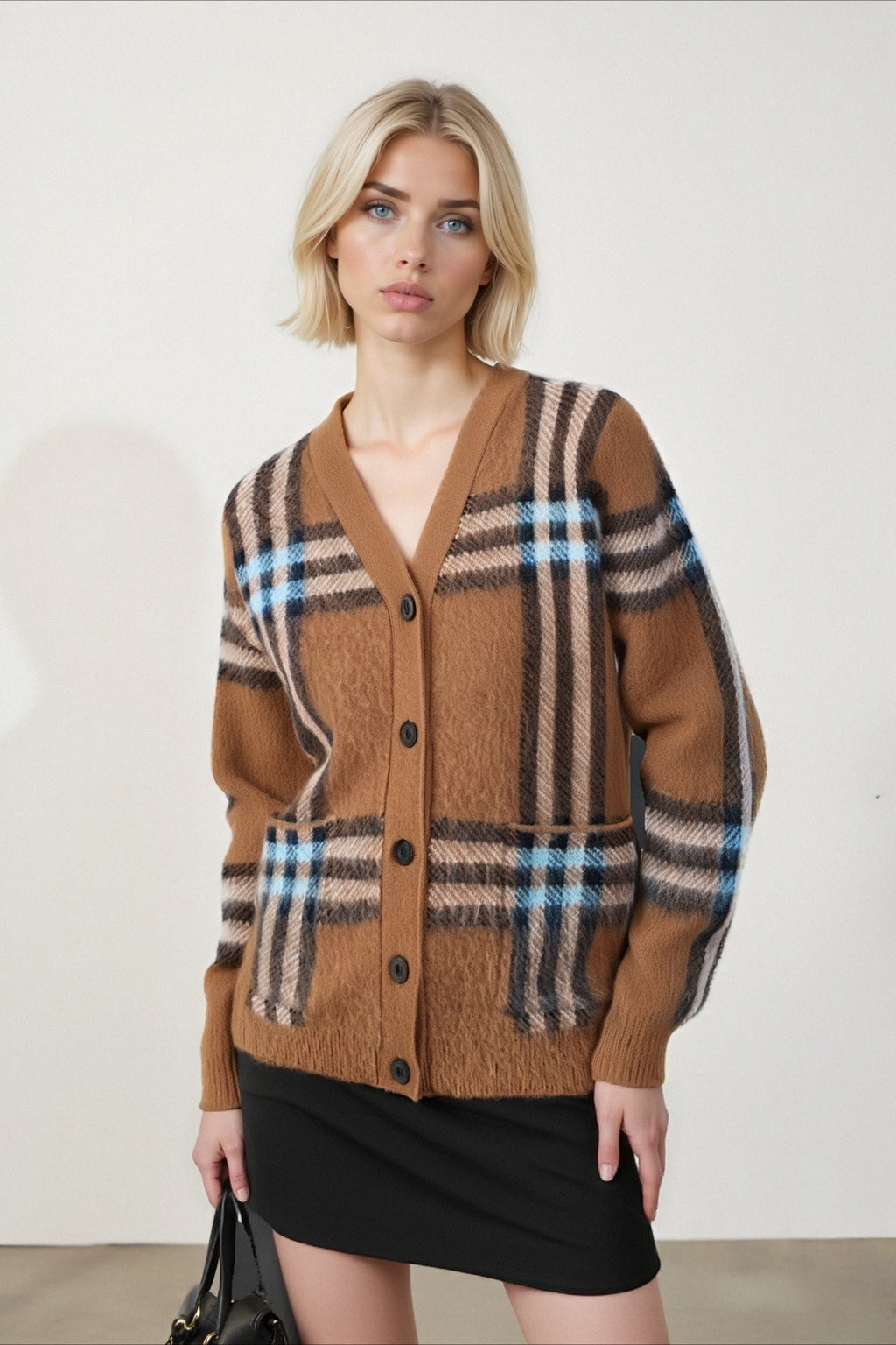 Plaid Retro Loose V Neck Knit Cardigan