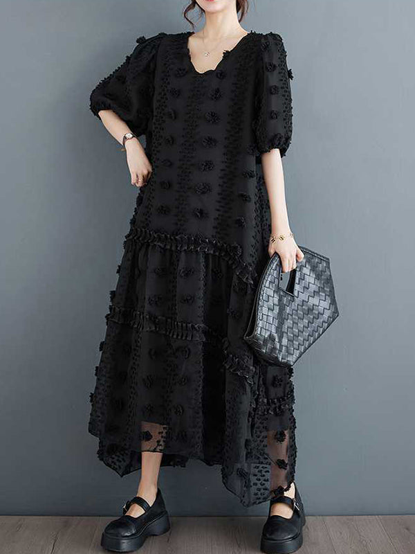 A-line Half Sleeves Elasticity Jacquard Color Split-joint V-neck Midi Dresses