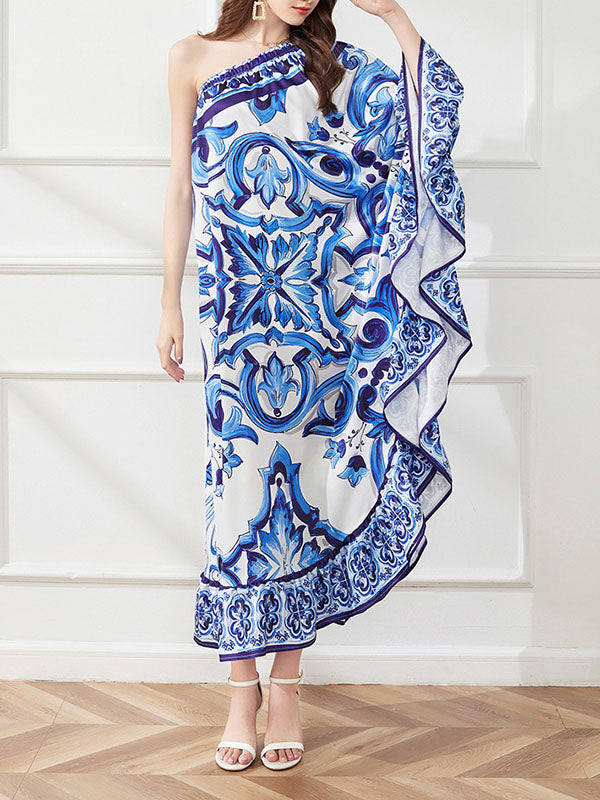 Batwing Sleeves Loose Asymmetric Falbala Printed One-shoulder Midi Dresses