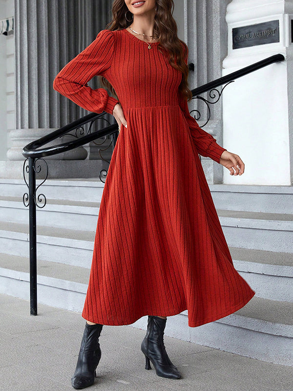 A-line Long Sleeves Color Split-joint Round-neck Midi Dresses