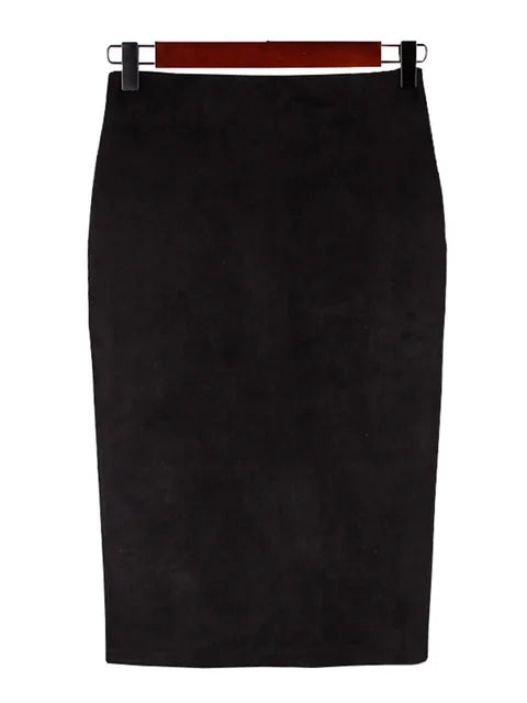 Suede Color Pencil Skirt Female Autumn Winter High Waist Bodycon Split Thick Stretchy Skirts