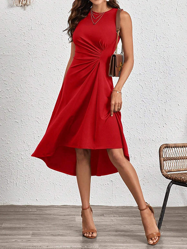 A-line High Waisted Asymmetric Pleated Color Split-joint Round-neck Midi Dresses