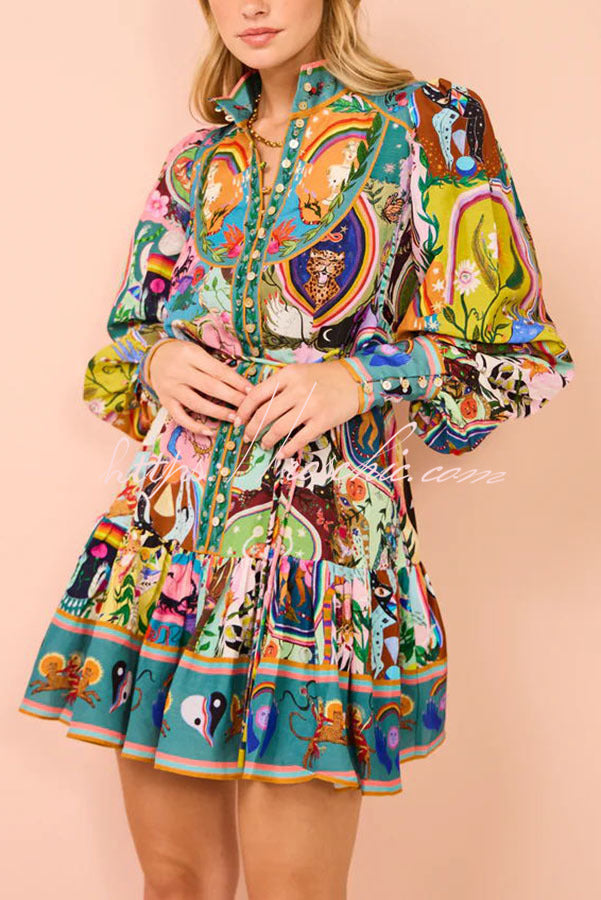 Touch of Unique Print Balloon Sleeve Button Shirt Mini Dress