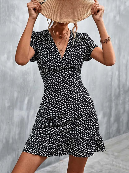 Summer Short Dress V Neck Print Party Dress Flower Mini Dress for