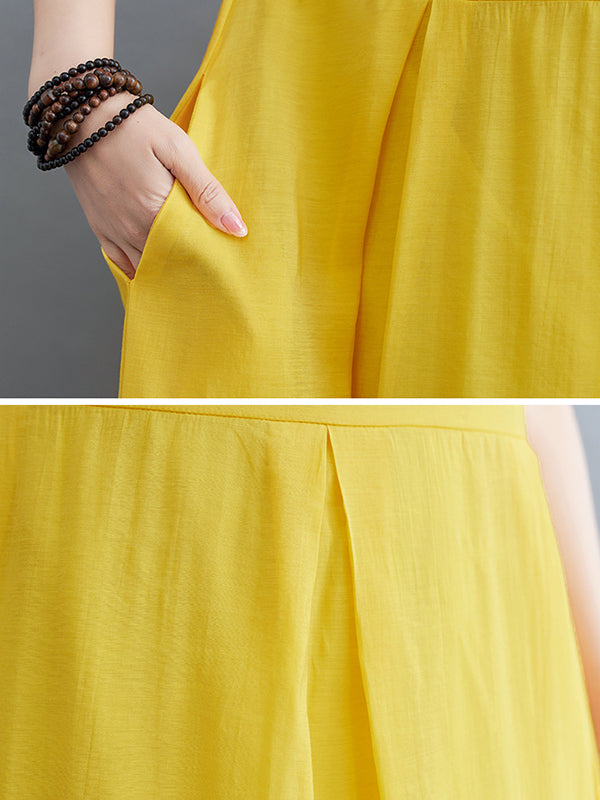 Loose Short Sleeves Color Split-joint Round-neck Midi Dresses