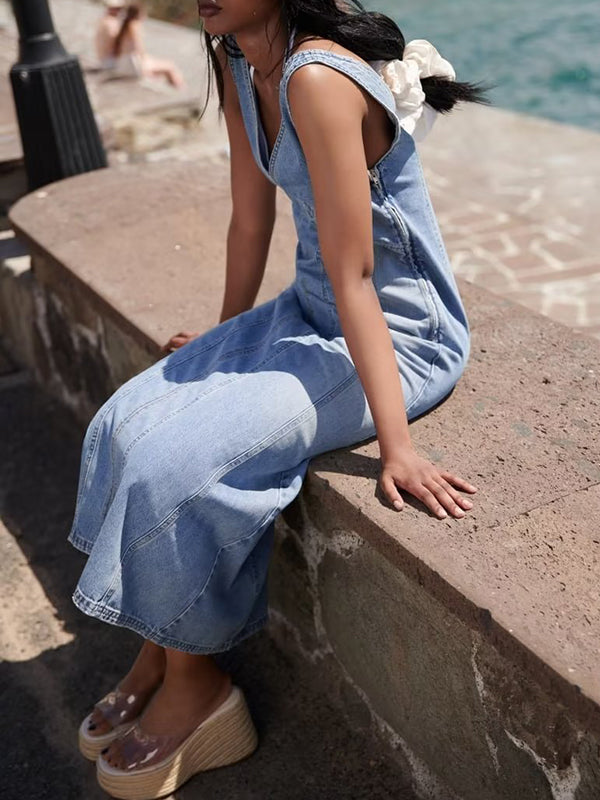 Sleeveless Split-joint V-neck Midi Dresses