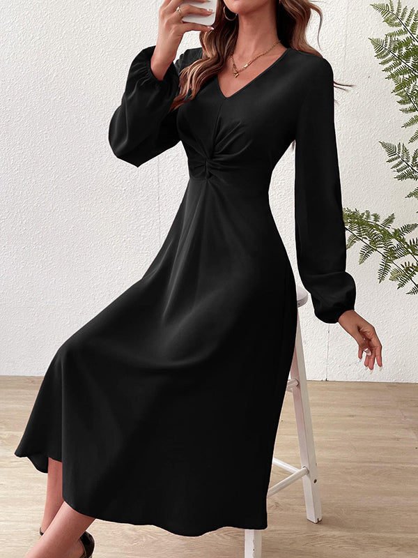 A-line High Waisted Elasticity Knot Pleated Color V-neck Midi Dresses
