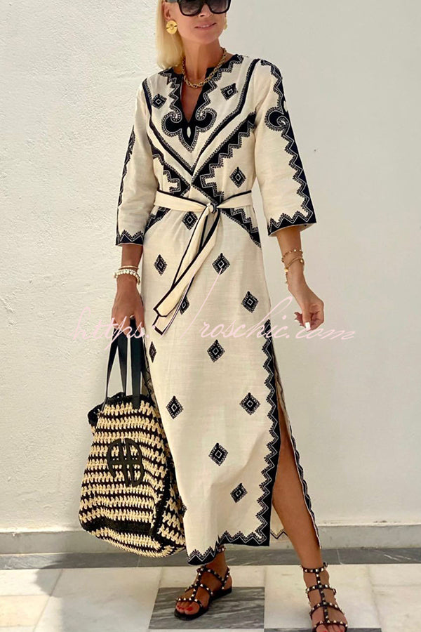 Quiet Atmosphere Linen Blend Print Belted Midi Dress