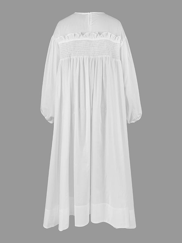 A-line Long Sleeves Mesh Pleated See-through Color Split-joint Round-neck Midi Dresses